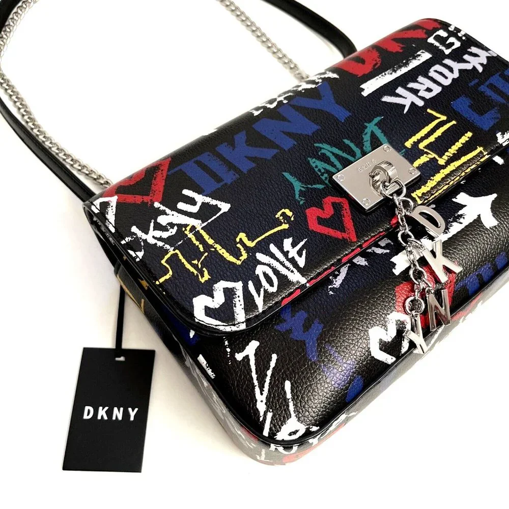 DKNY Cleo Medium Graffiti Crossbody Shoulder Bag Black Multi Logo Chain NWT $230